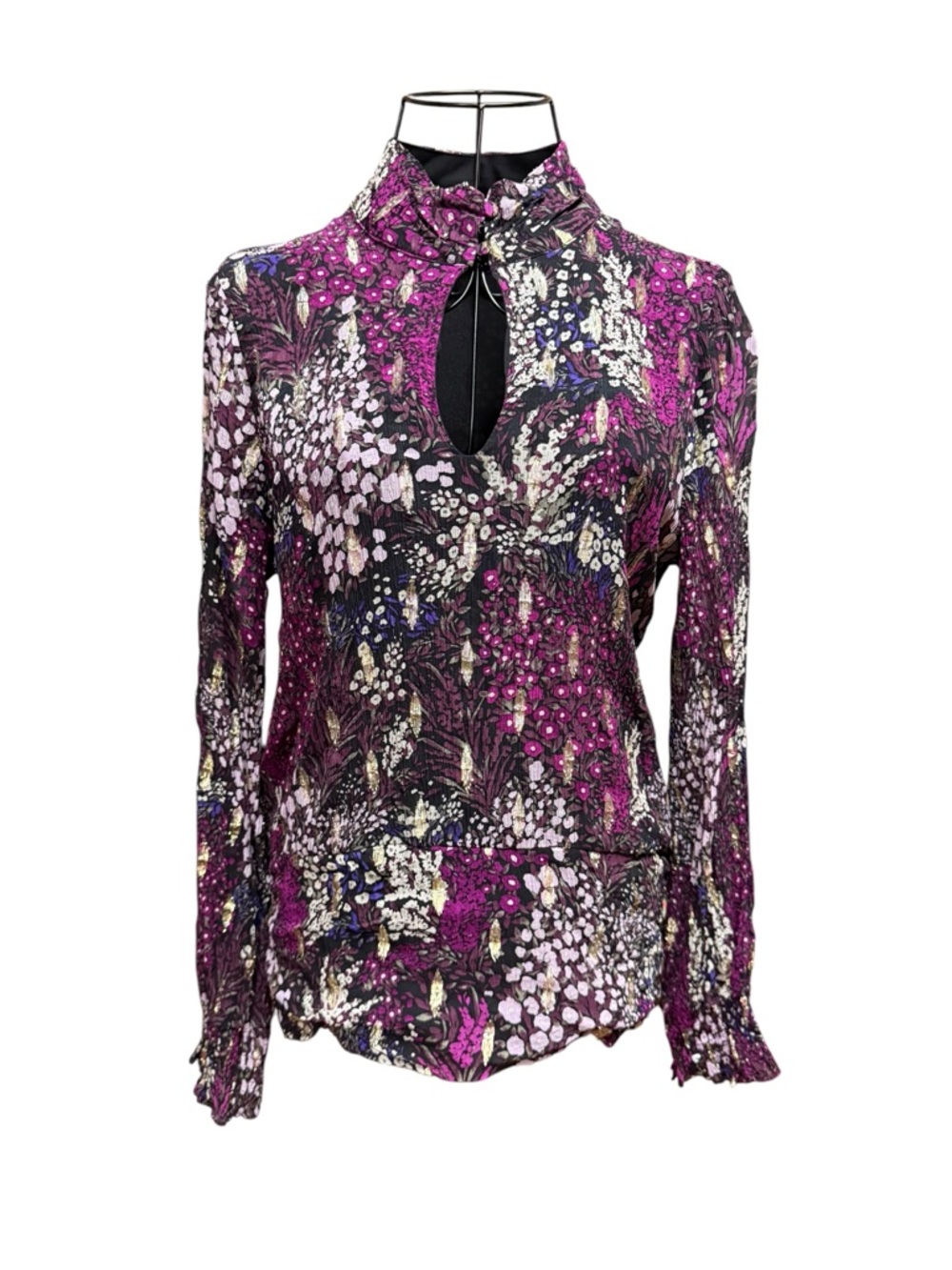 White House Black Market Purple and Black Floral Keyhole Blouse